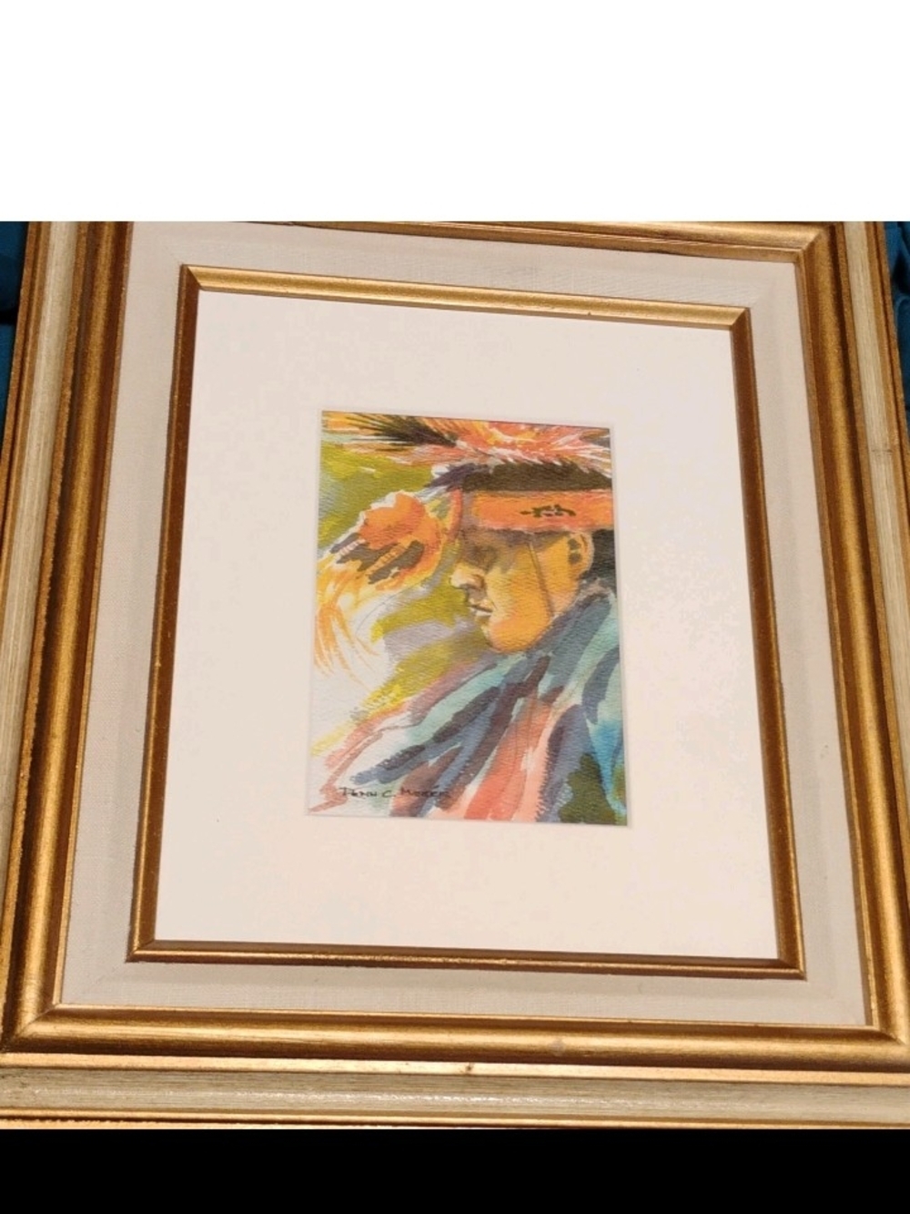 Framed Native Signed Portrait By Donn C Morris Watercolor Art  in Gold Frame